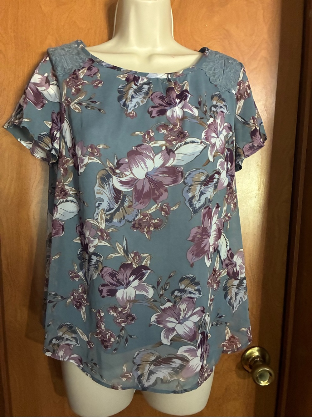 Floral Short-Sleeve Blouse in Dusty Blue